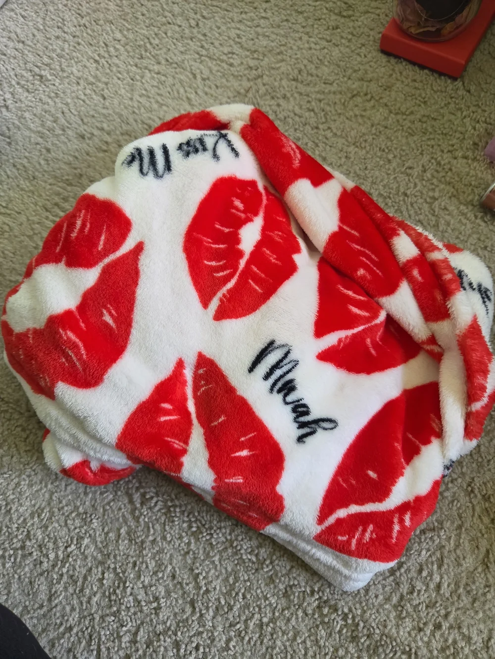 Plush White Blanket with Red Lip Print